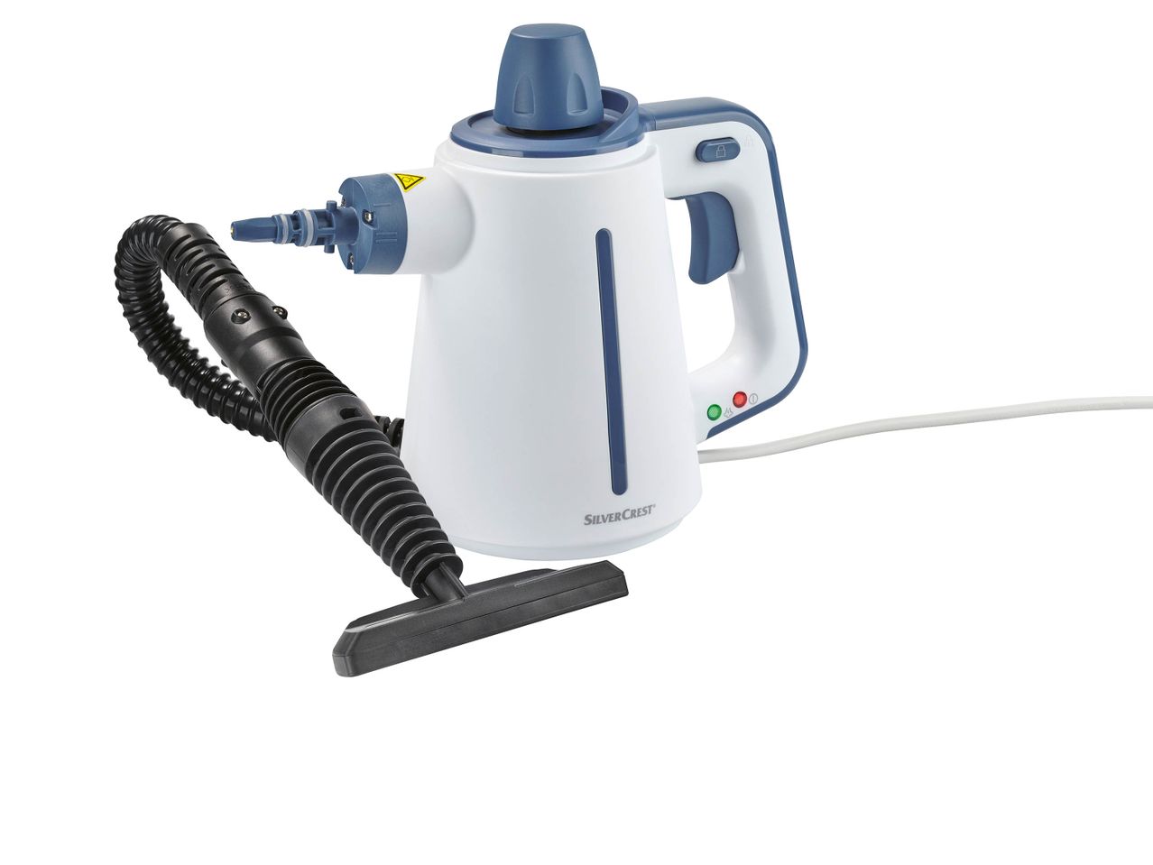 Nettoyeur vapeur à main SilverCrest blanc et bleu avec accessoires.