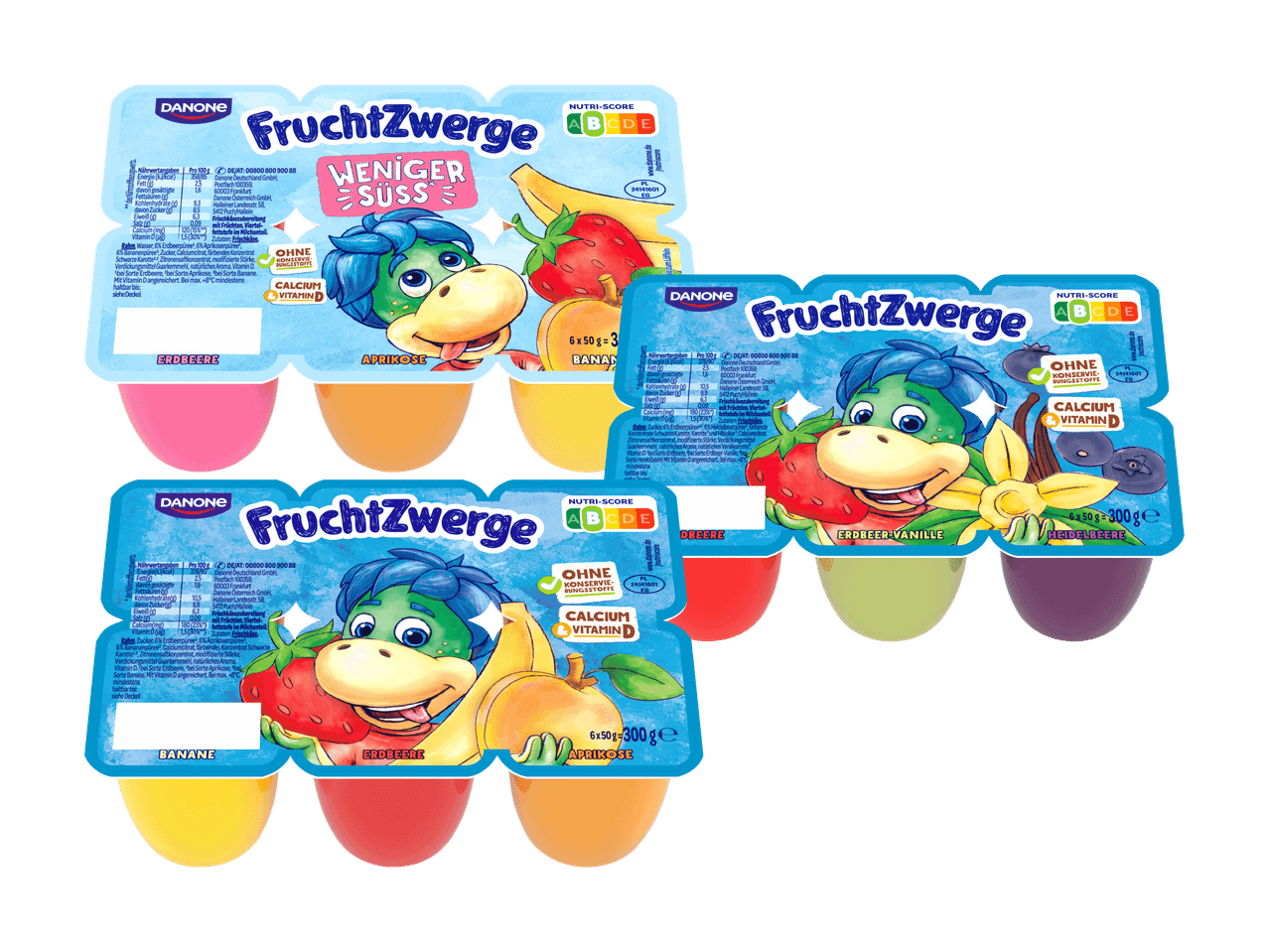 Danone FruchtZwerge Joghurt-Becher mit verschiedenen Fruchtgeschmacksrichtungen.
