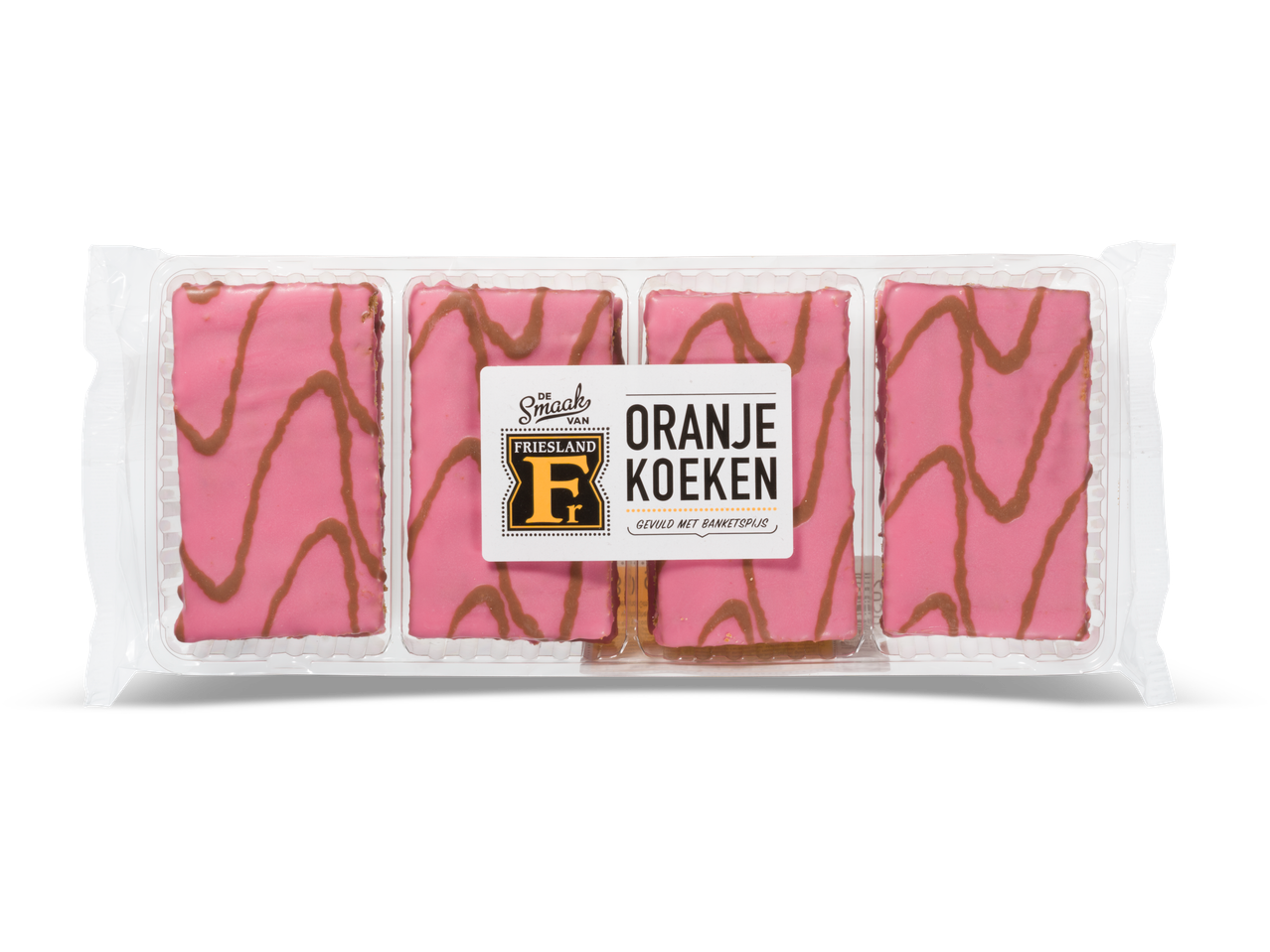 Vier roze geglazuurde koeken met bruine strepen in een plastic verpakking, gelabeld 'Oranje Koeken'.