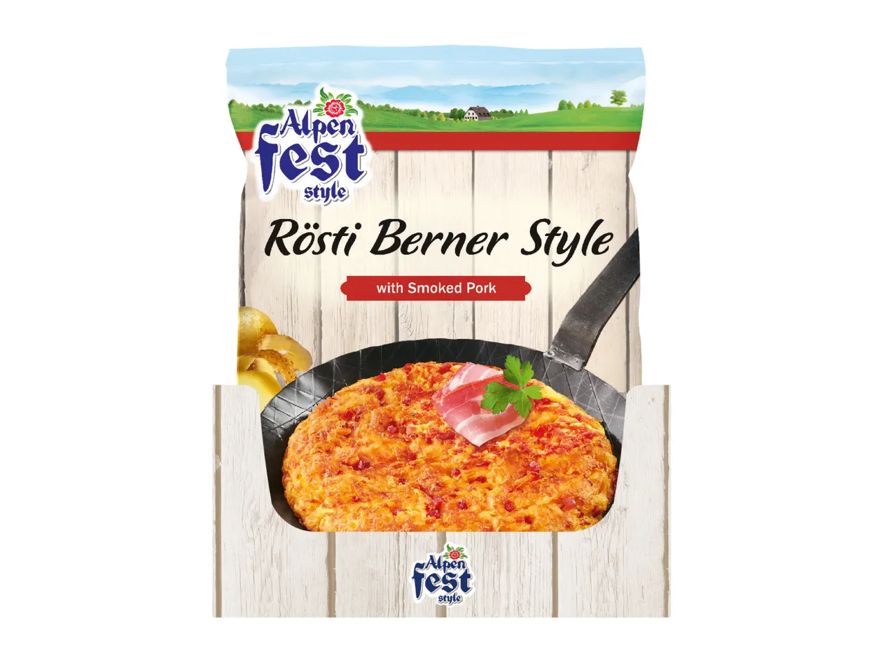 Berner style rösti with smoked pork in a pan on a wooden background