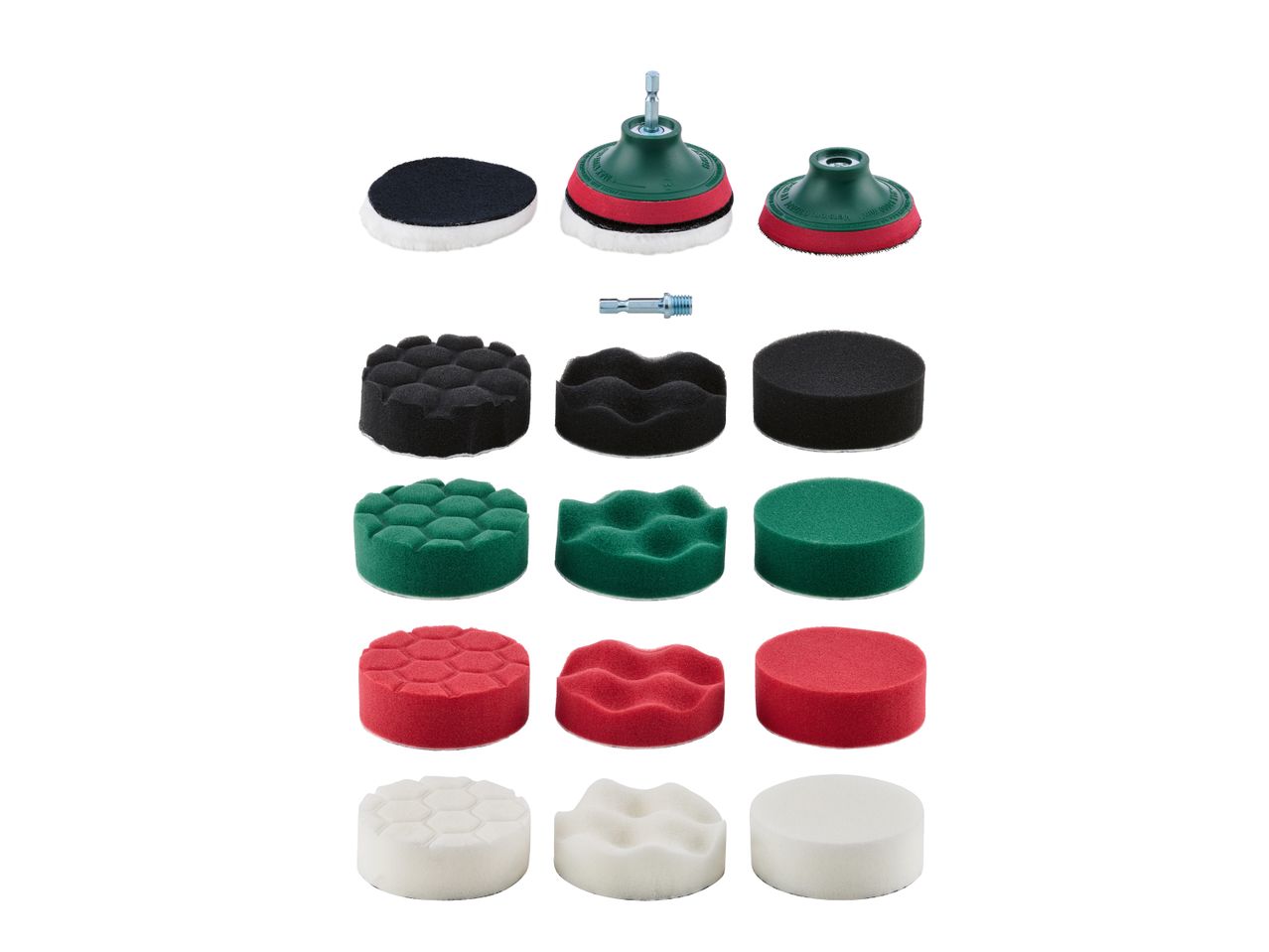 A set of polishing pads in various colors and textures for a rotary tool.