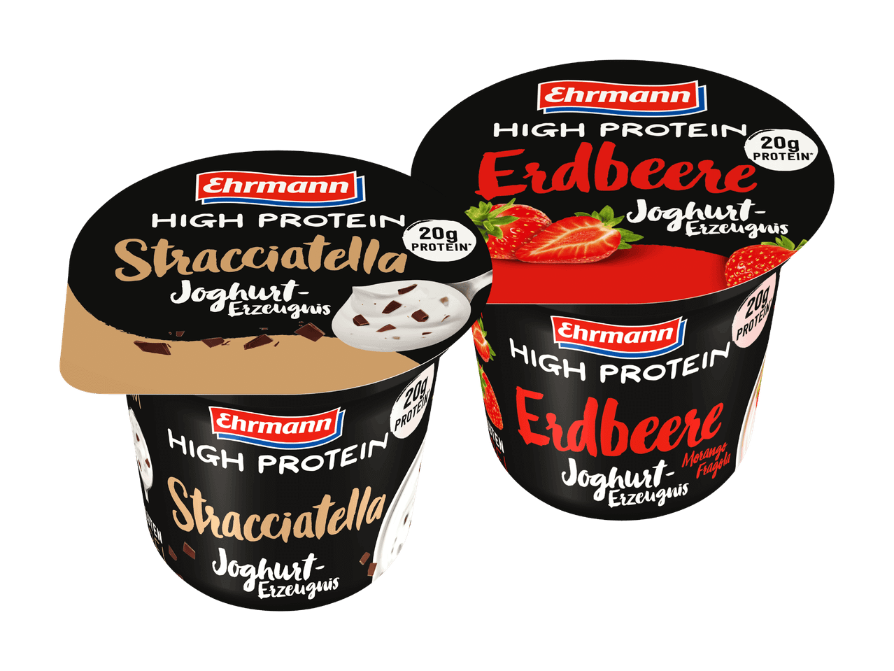 Zwei Becher Ehrmann High Protein Joghurt, Stracciatella und Erdbeere.