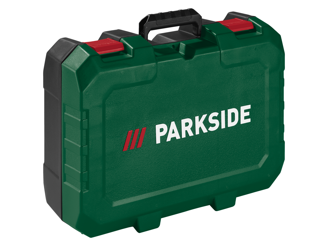 Cutie de scule verde Parkside® cu cleme roșii și mâner negru.