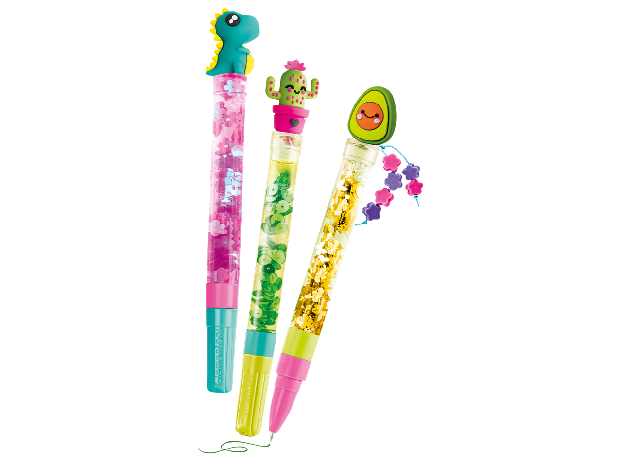 Три химикалки с течност и брокат, с декорации на динозавър, кактус и авокадо.