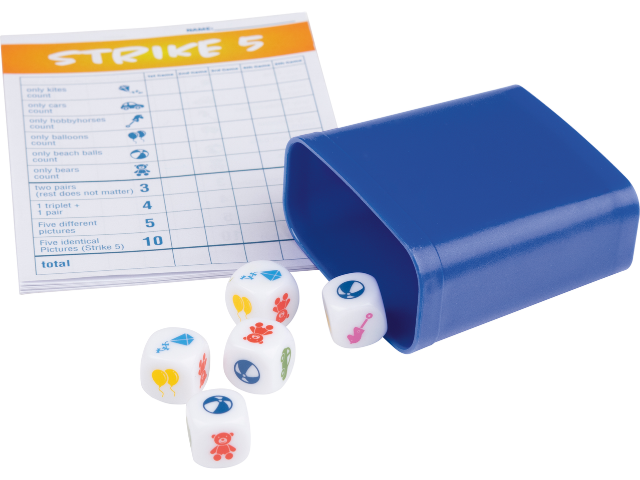 Jogo Strike 5: dados, placar e caixa azul.