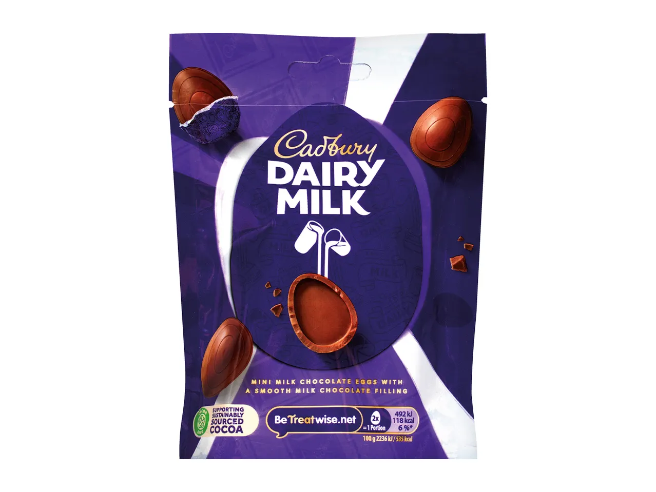 Purple pouch of mini milk chocolate eggs with smooth milk chocolate filling.