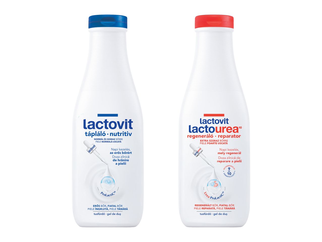 Două geluri de duș, unul nutritiv pentru piele normală și uscată, celălalt reparator pentru piele foarte uscată.