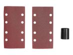 Two sheets of sandpaper with pre-drilled holes and a black plastic adapter are shown.