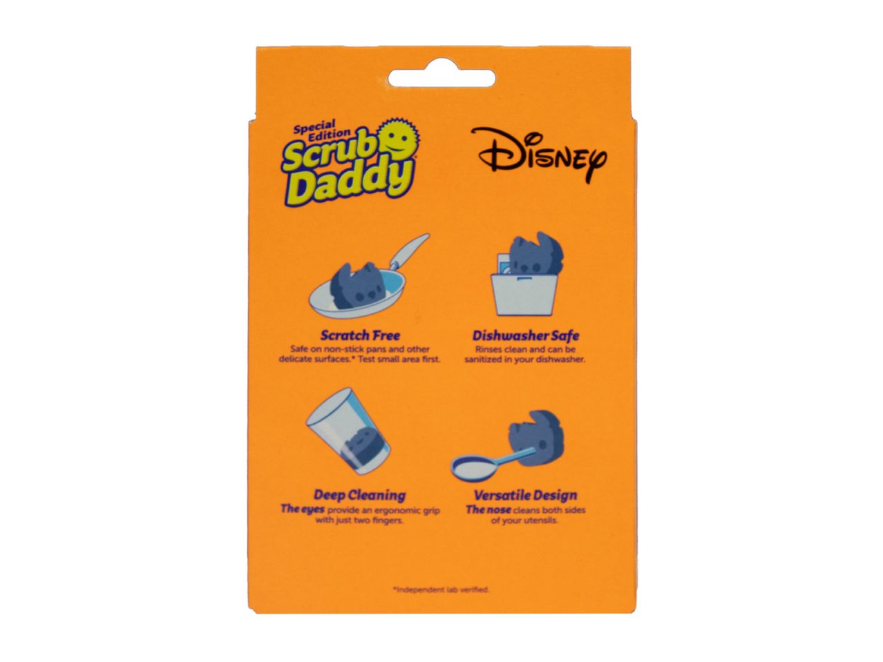 Orange packaging for a special edition cleaning sponge, featuring scratch-free, dishwasher-safe, deep cleaning, and versatile design benefits.