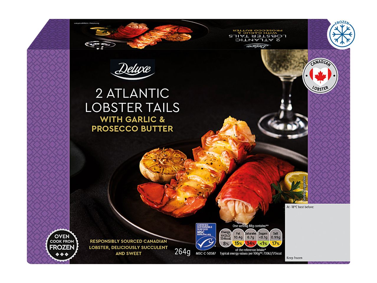 Deluxe 2 Atlantic Lobster Tails with Garlic & Prosecco Butter, frozen.