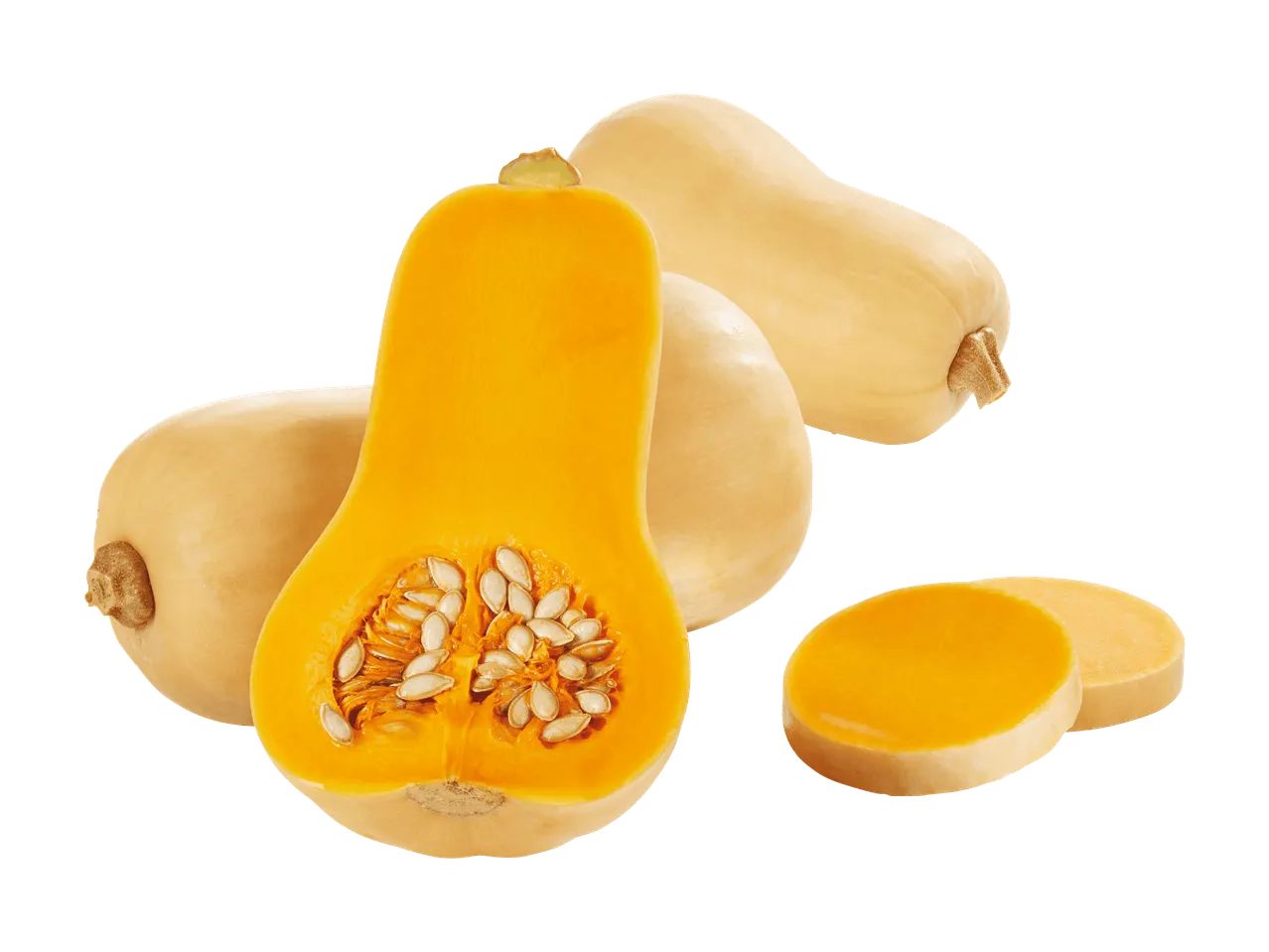 Ganze, halbierte und in Scheiben geschnittene Butternusskürbisse auf schwarzem Hintergrund.