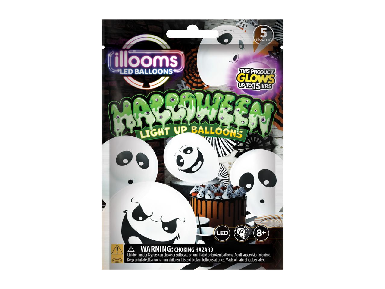 Halloween light-up balloons featuring ghost faces and the brand 'illooms'.