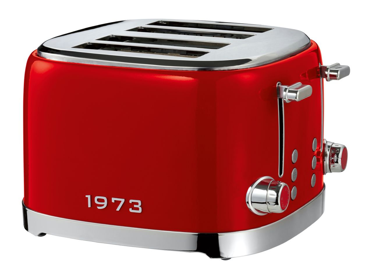 Red retro-style 4-slice toaster with chrome details and '1973' lettering.