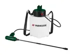 White garden sprayer with a green top and a black strap, featuring a long spray wand.