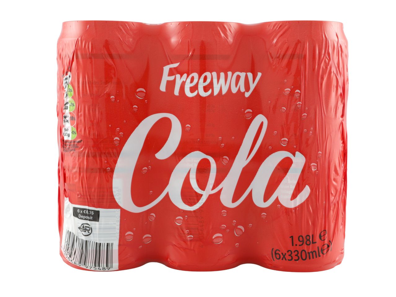 A six-pack of Freeway Cola cans.