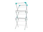 Three-tier clothes drying rack with turquoise accents on a white background.