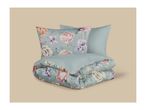Floral duvet cover set with two pillows, one with a floral pattern and one plain.