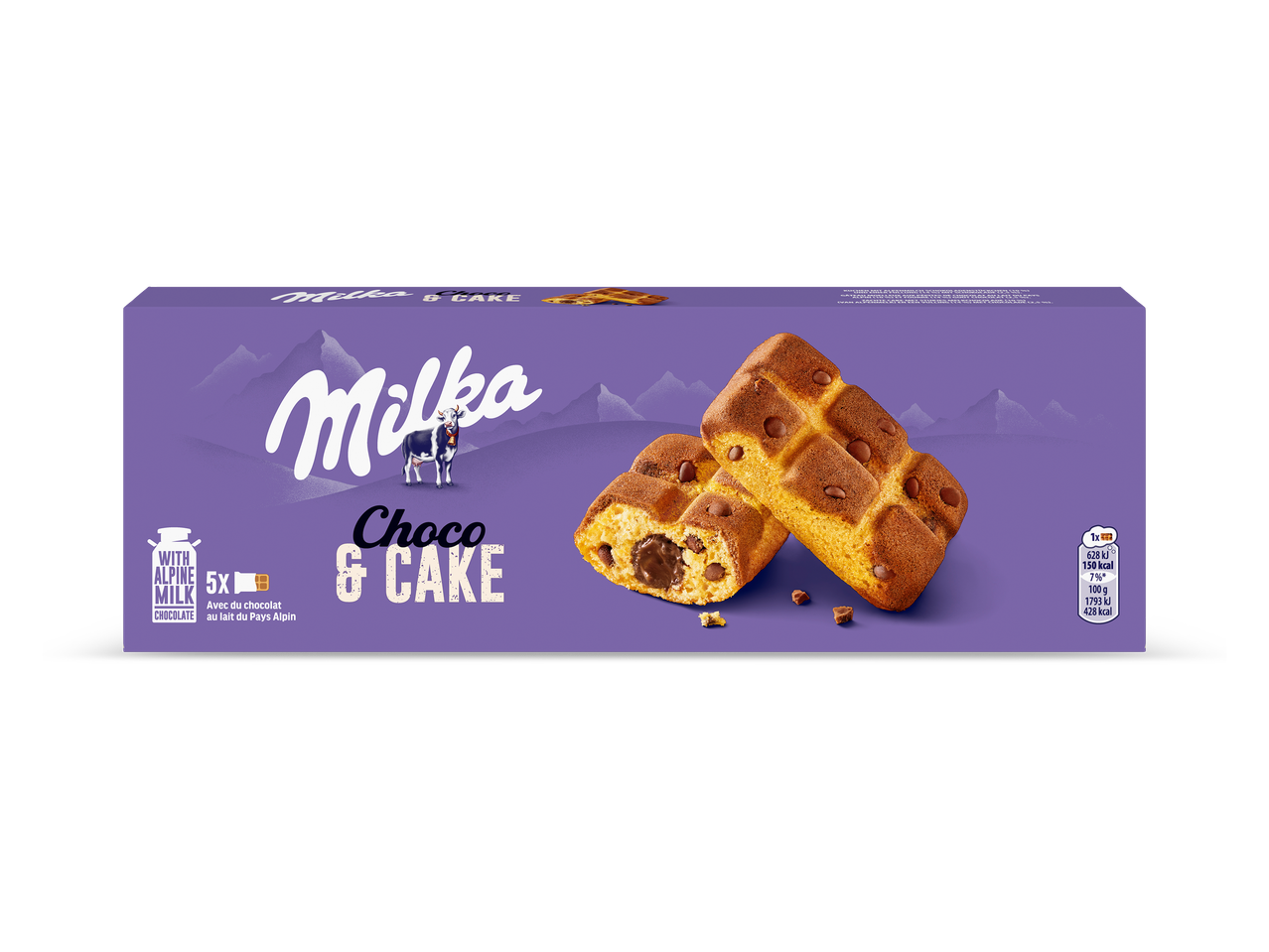 Paarse verpakking met chocoladecakejes, waarvan één opengebroken met een chocoladevulling.