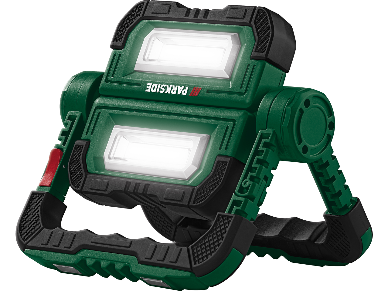 PARKSIDE roheline LED prožektor kahe ereda tule ja mustade käepidemetega.