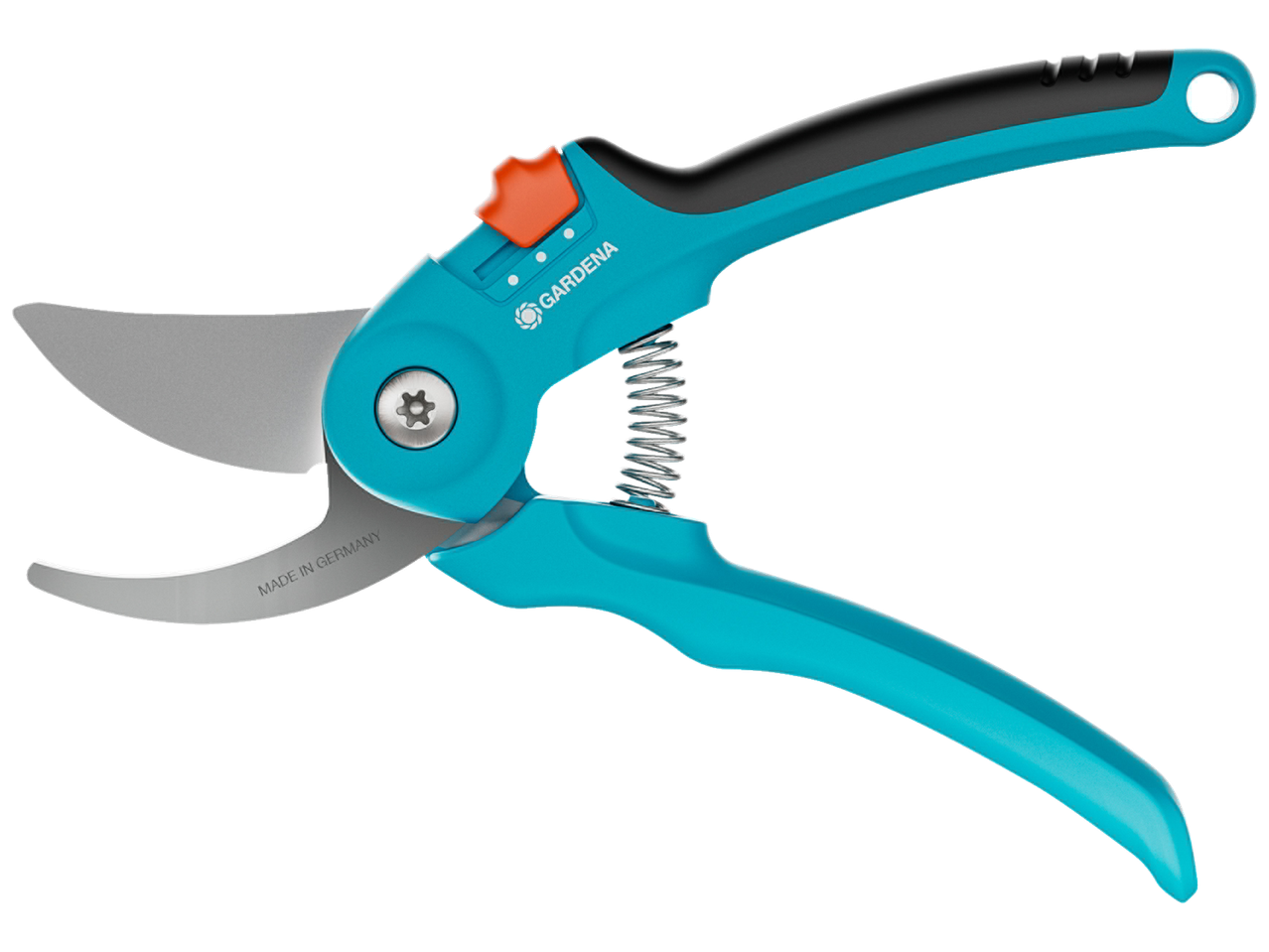 Tesoura de poda Gardena bypass em azul e preto com fecho de segurança laranja.