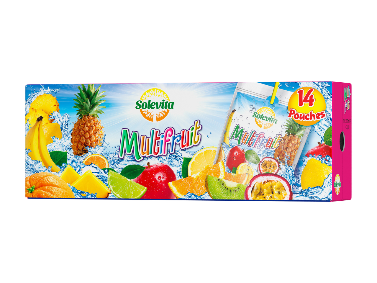 Solevita Multifruchtsaftpackung mit 14 Beuteln, die verschiedene Früchte und Wasserspritzer zeigt.