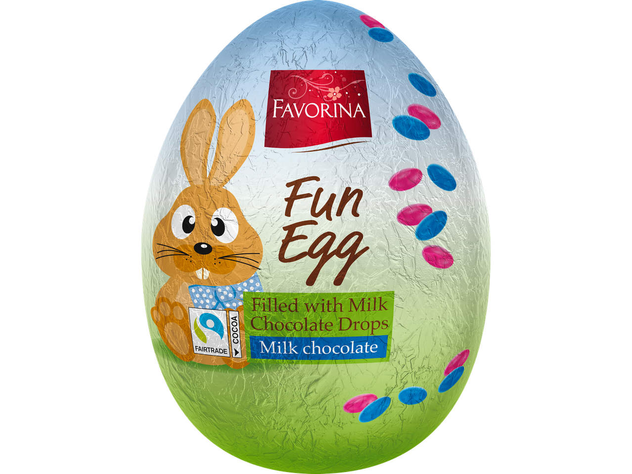Påskägg med en kanin, texten 'Fun Egg' och 'Filled with Milk Chocolate Drops Milk chocolate'.