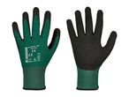 Pair of green and black work gloves with text details on the left glove.