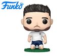 Collectible figure of a male soccer player in a white and blue uniform, kneeling on green grass.