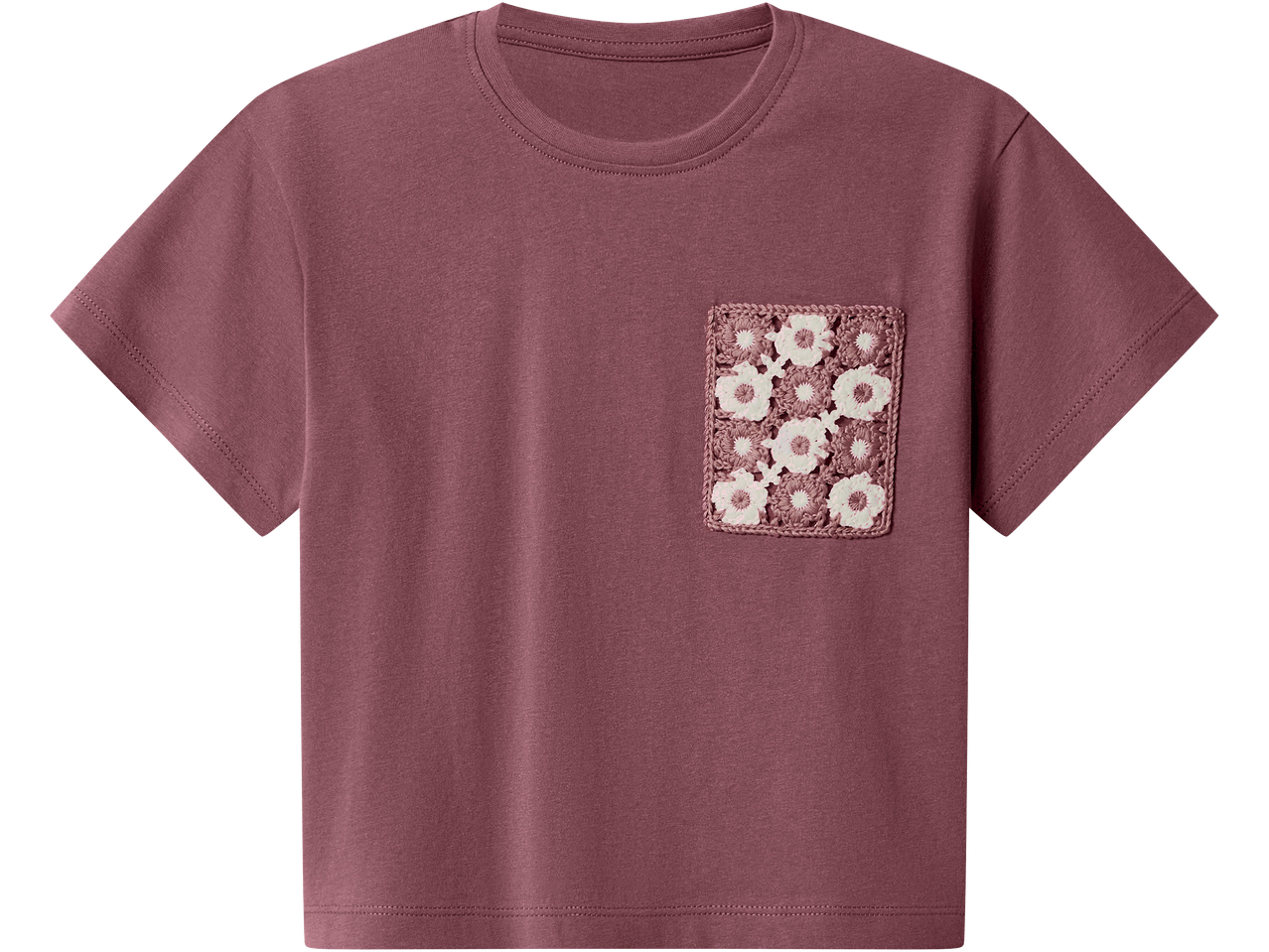 Bordó póló horgolt virágos zsebbel.