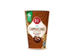 DOUWE EGBERTS IJskoffie in een bruine beker met de tekst 'Ice Cappuccino, Deliciously Creamy'.