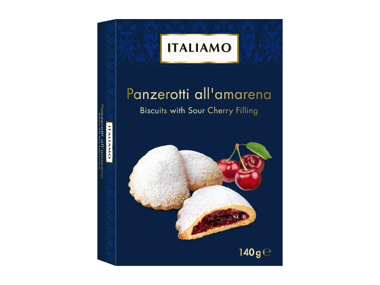 Box of biscuits with sour cherry filling, dusted with powdered sugar, next to fresh cherries.