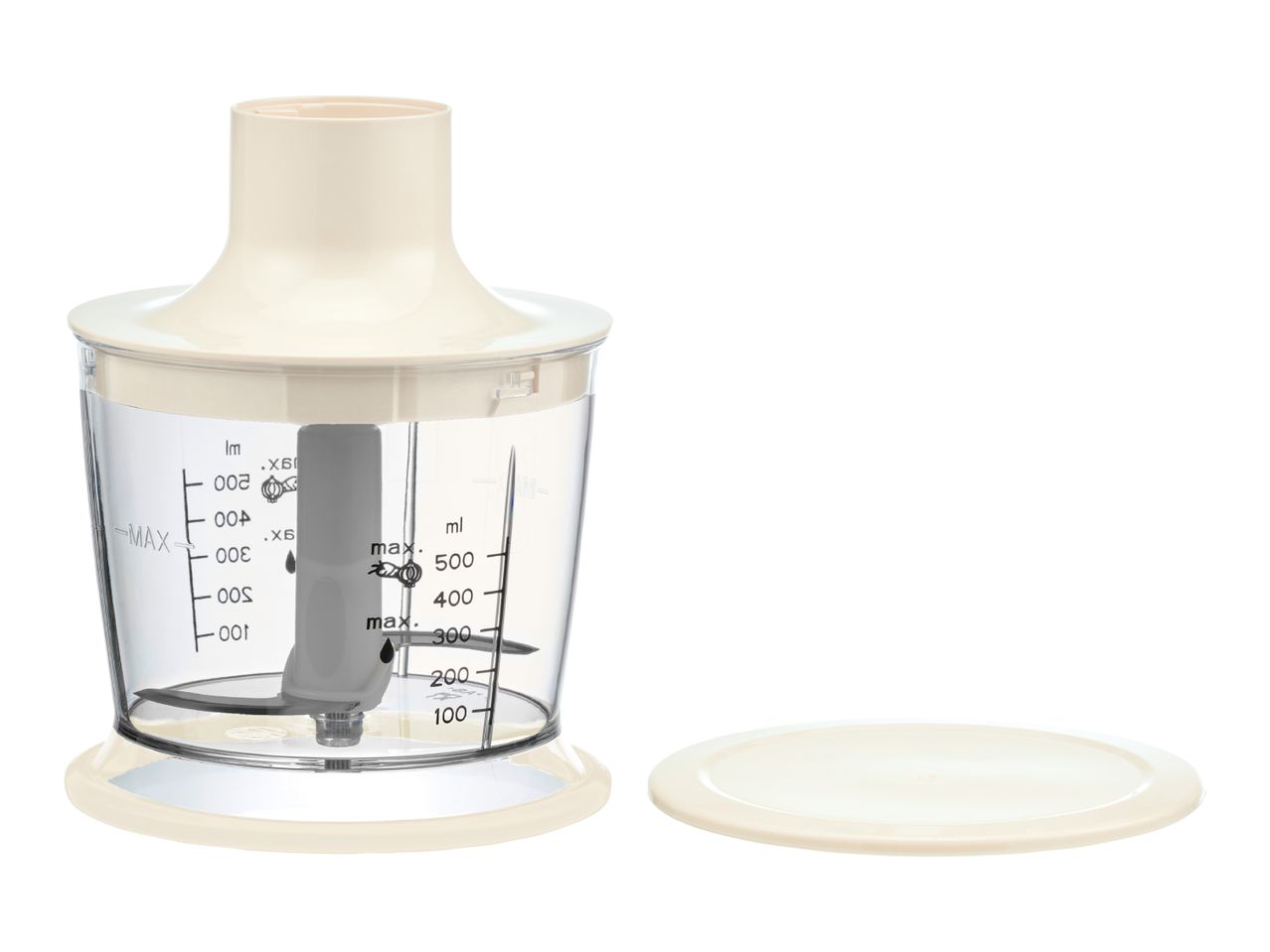 Hand blender chopper attachment with a container, blade, lid, and non-slip base