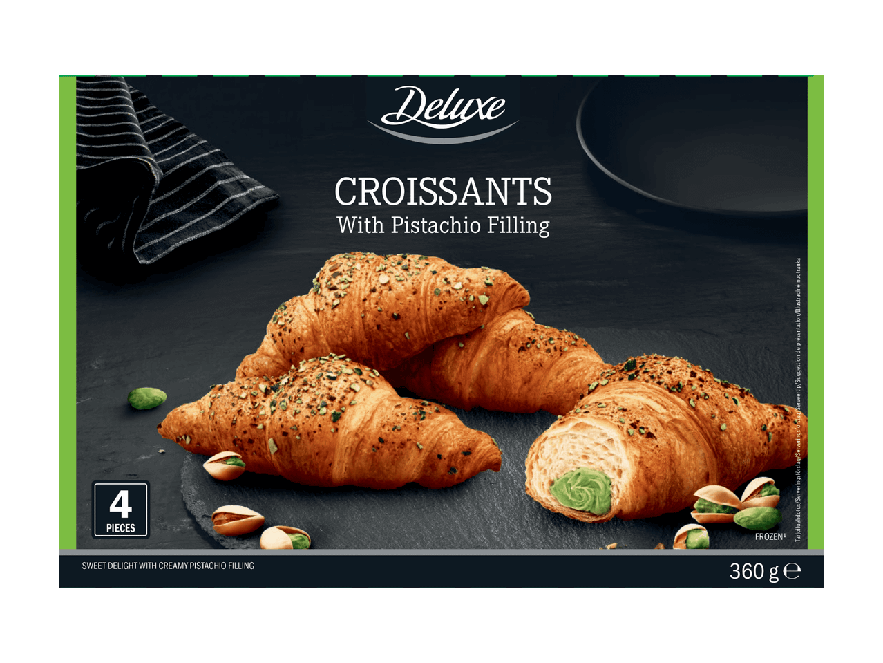 Delice-merkin pistaasitäytteisiä croissantteja pakkauksessa.
