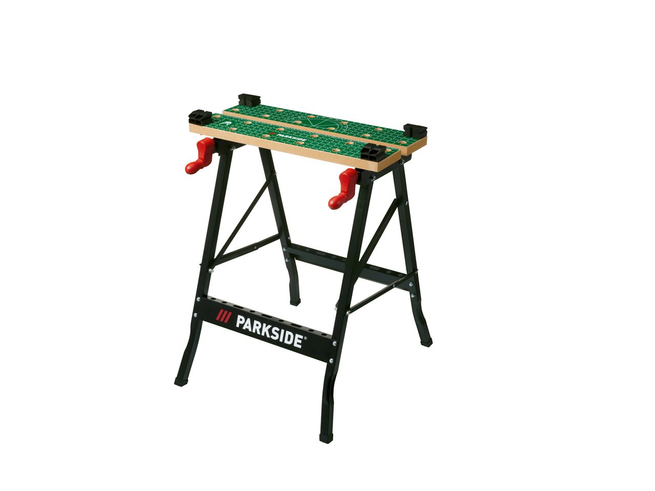A Parkside workbench with a green work surface and red clamps.