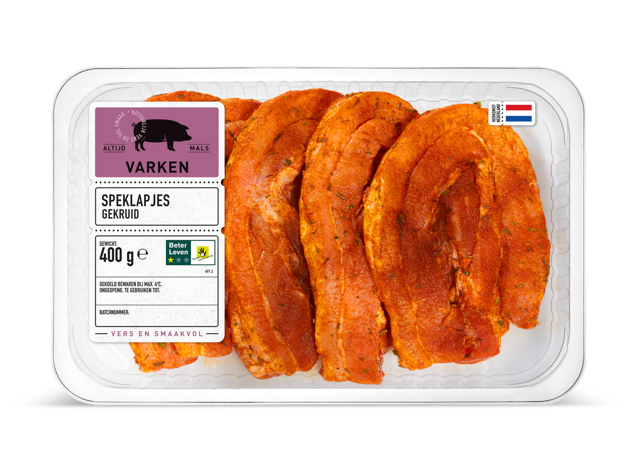 Gekruide speklapjes in verpakking, met 'Beter Leven' keurmerk en Dutche herkomst.