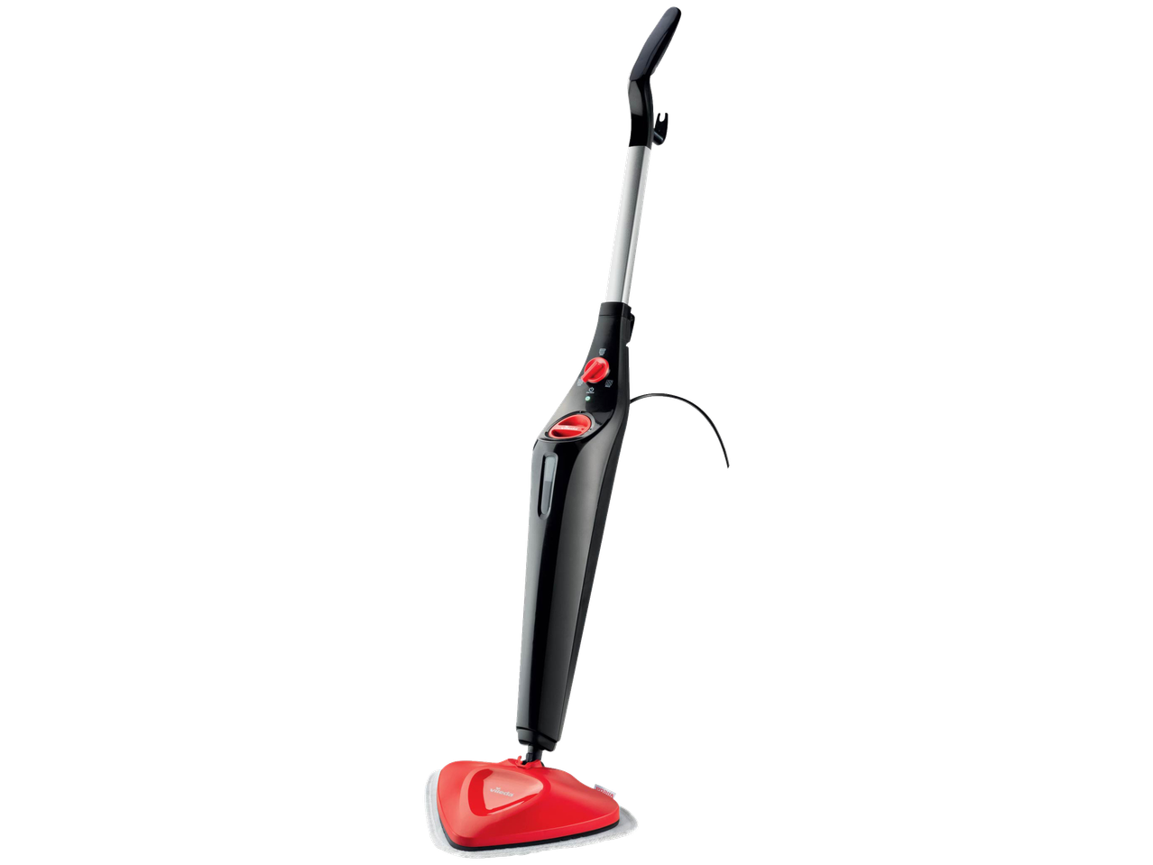 Black and red steam mop with a silver handle and a white cleaning pad.