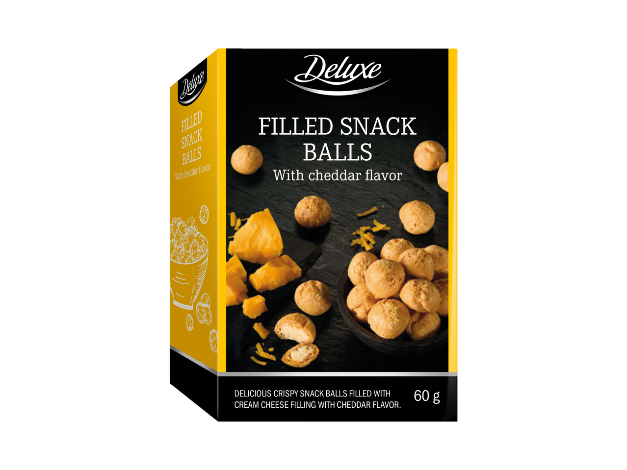 Deluxe pildītas uzkodas bumbiņas ar čedaras garšu.