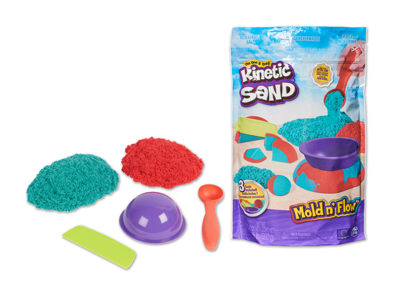 Kinetic Sand-Set mit Formen, Eimer und verschiedenen Farben.