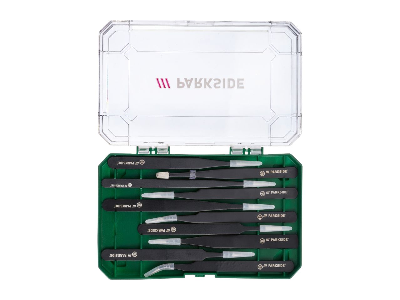 A set of black precision tweezers with protective caps in a green case with a clear lid.