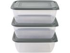 Three stackable gray-lidded plastic food storage containers.