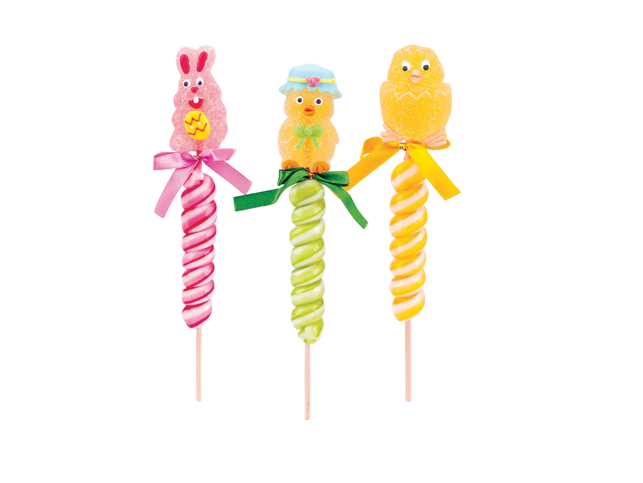 Tri uskršnje lizalice: ružičasti zeka, žuto pile sa šeširom i žuto pile u ljusci jajeta.