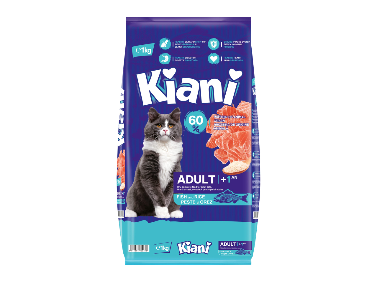 Sac de 1 kg de hrană uscată pentru pisici adulte, cu pește și orez.