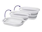 Three collapsible laundry baskets in white and grey, showing the collapsing process.