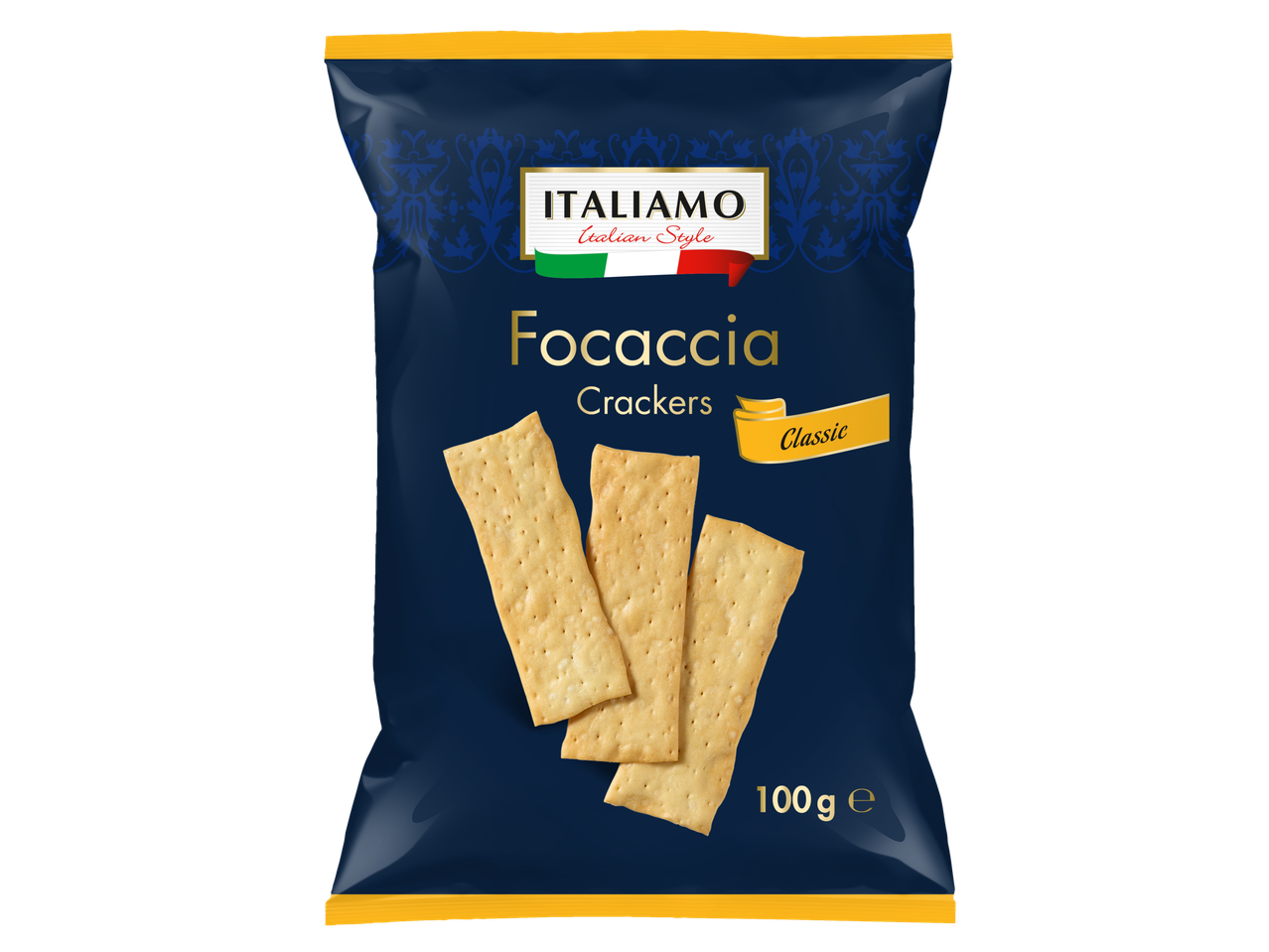 Italiamo Focaccia Crackers Classic, 100g, dans un emballage bleu foncé et doré.