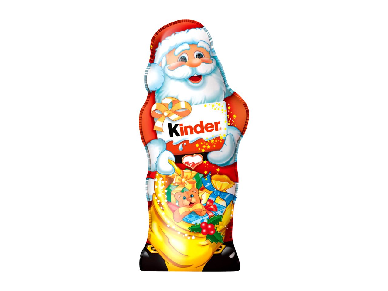 Kinder Santa Claus chocolate figure holding a gift card and a sack of toys.