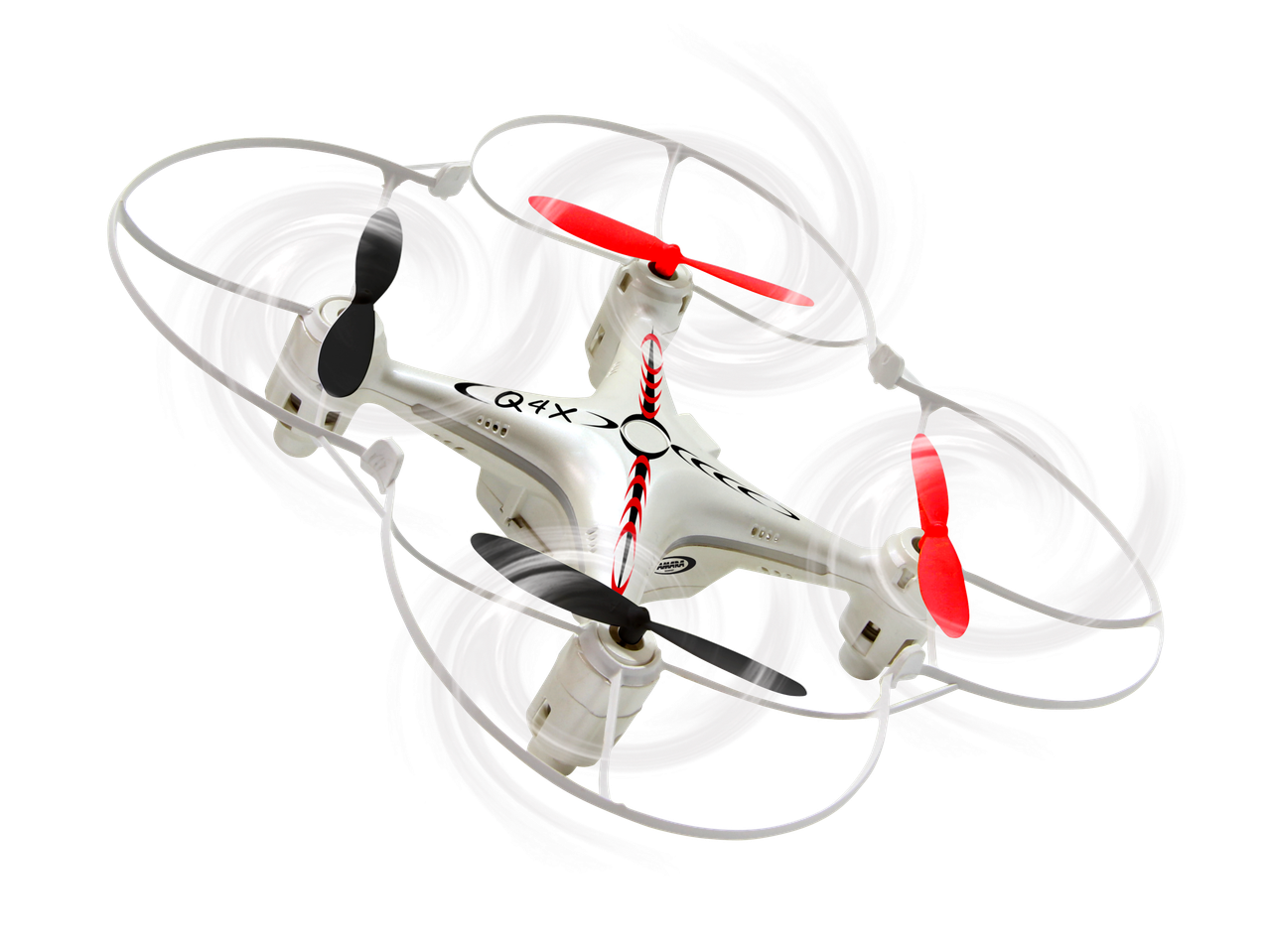 Baltas Jamara Q4X dronas su raudonais ir juodais propeleriais juodame fone