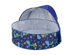 Blue baby pop-up pool with marine life and palm tree patterns.