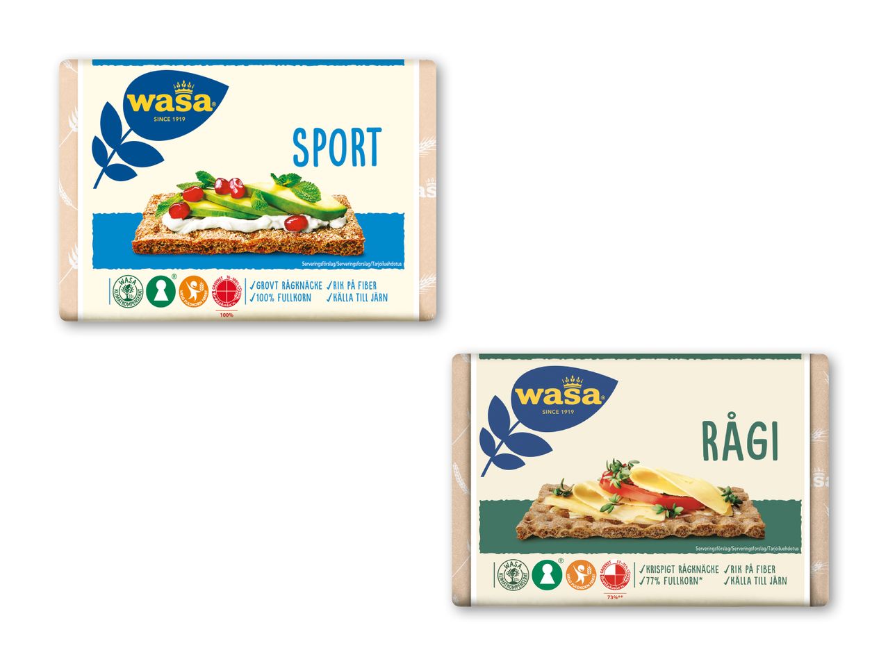 To pakker Wasa knækbrød: Sport med avocado og bær, og Rågi med ost og tomat.