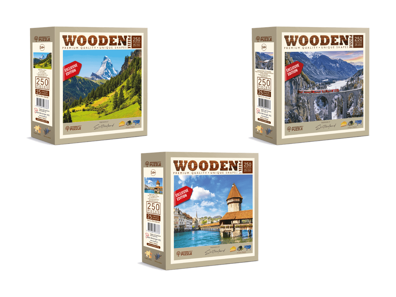 Drei exklusive Holzpuzzles mit 250 Teilen zum Thema Schweiz.