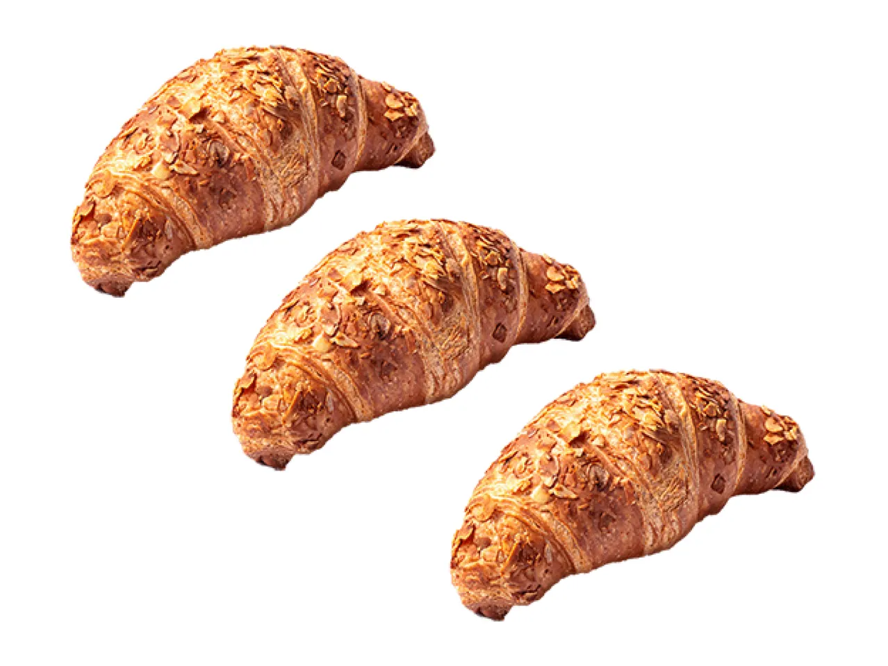 Three almond croissants with flaky, golden-brown crusts, arranged diagonally on a white background.